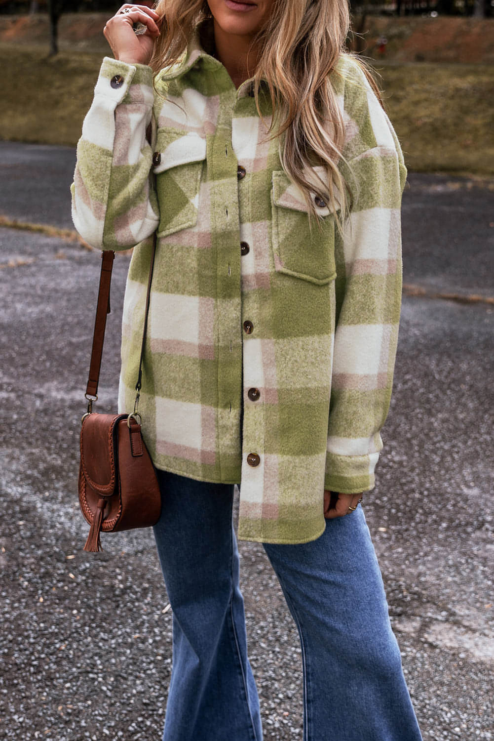 Sage green plaid print shacket with buttoned flap pockets, oversized fit, from Carmine Juneberry, styled as a casual tops and blouses piece.