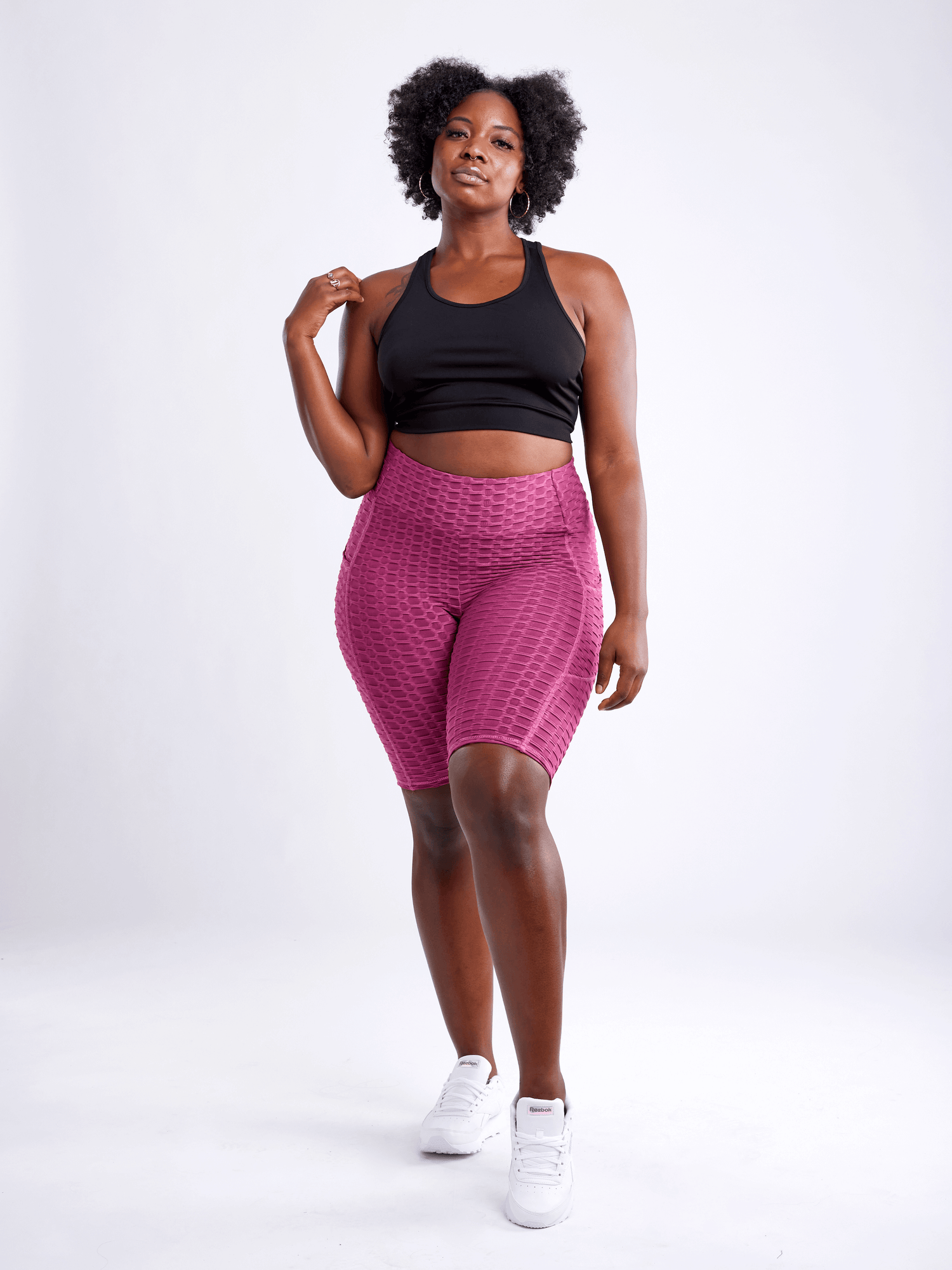 Black Lavender JupiterGear high-waisted scrunch yoga shorts with hip pockets, made for comfortable activewear and flexible movement.