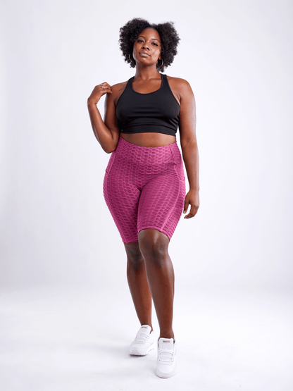 Black Lavender JupiterGear high-waisted scrunch yoga shorts with hip pockets, made for comfortable activewear and flexible movement.