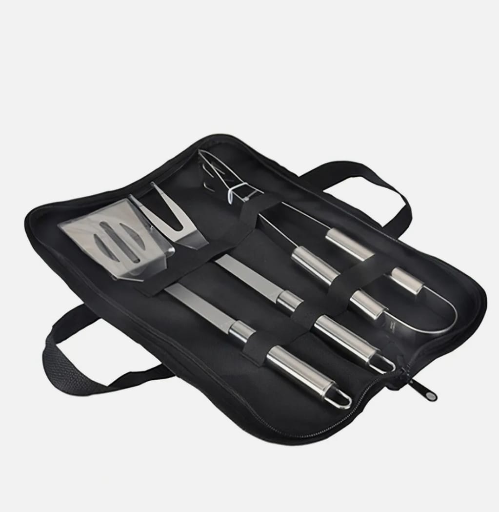 Three stainless steel BBQ grill utensils set including tongs, spatula, and fork for outdoor cooking, by Yellow Pandora.