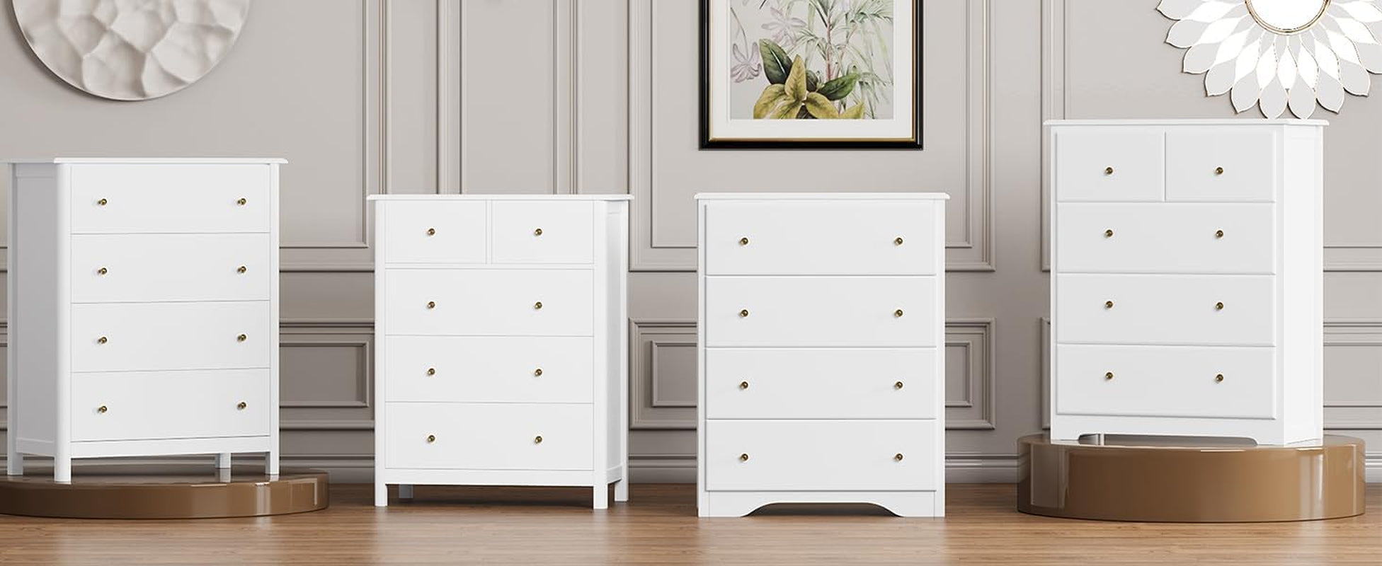White Peach Maple five-drawer dresser for bedroom organization, featuring sleek wooden furniture with ample storage drawers.