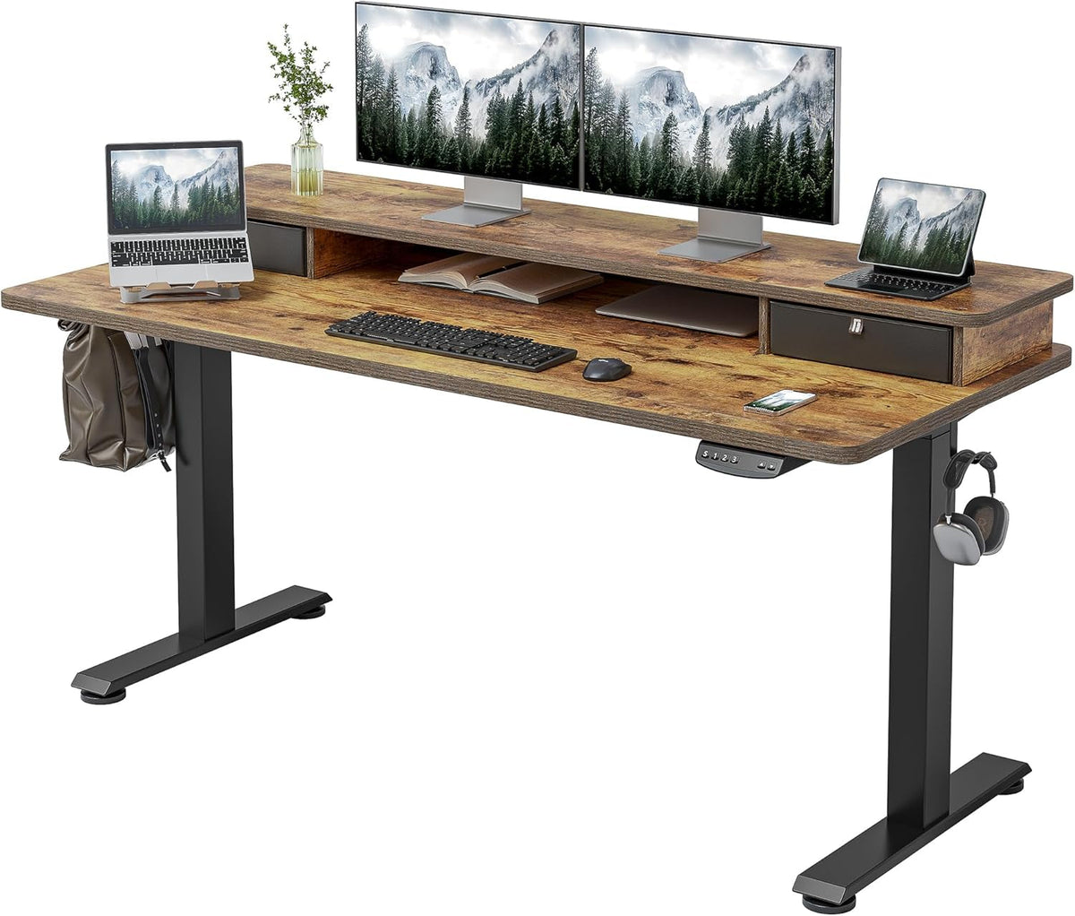 Electric Height Adjustable Desk With Drawers 55x24 Inches