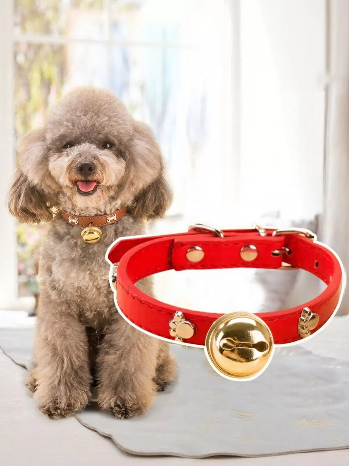 Leather pet collar with bell from Pear Daisy, featuring a durable strap and shiny metal bell for cats or small dogs.
