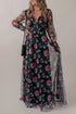 Black mesh sheer floral maxi dress with shirred high waist from Harlequin Daisy, perfect for elegant bath and beauty occasions.