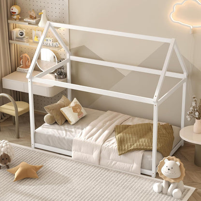 Peach Maple twin house bed frame with roof canopy, Montessori style kids&