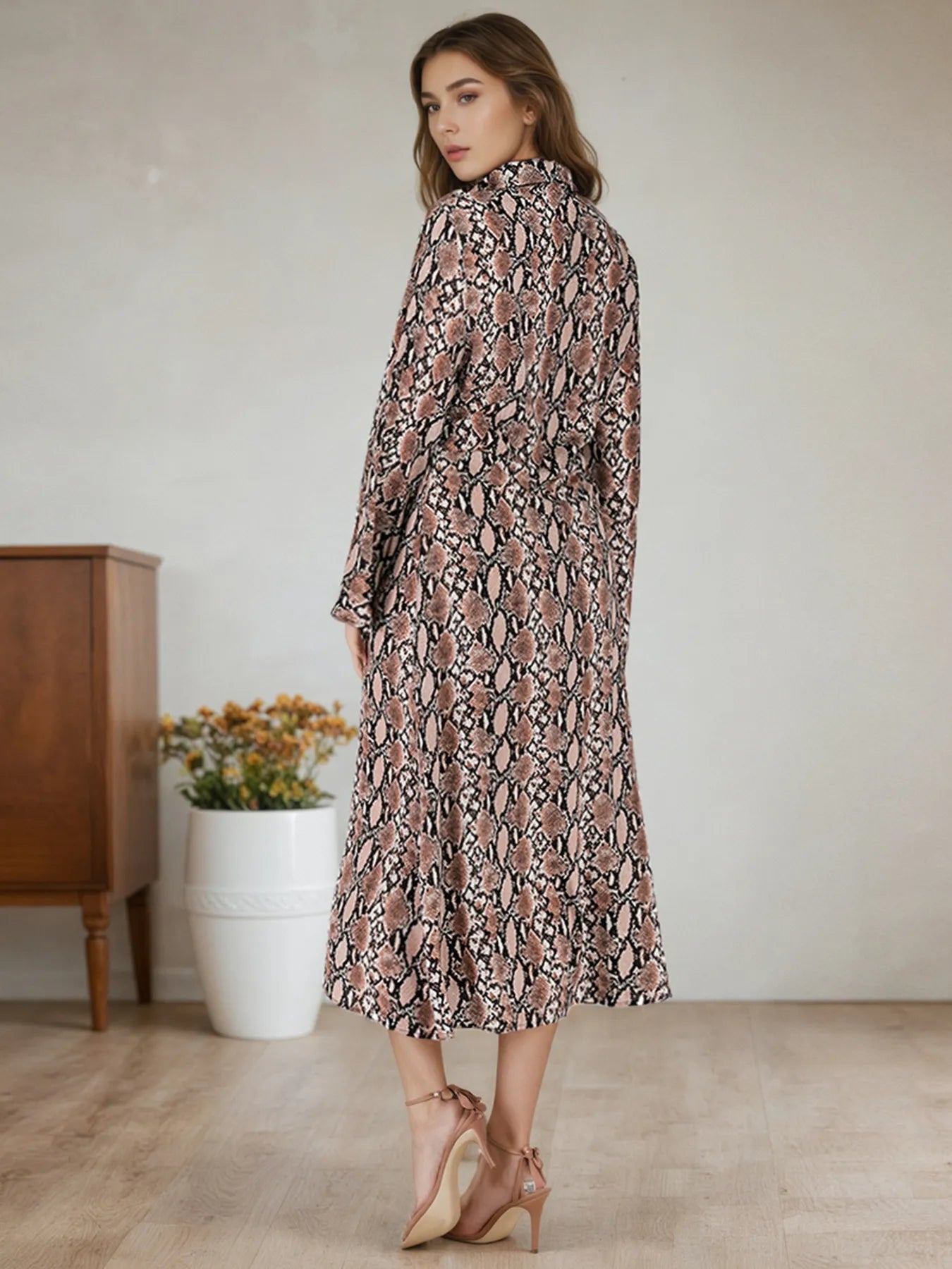 Pear Daisy snake print long sleeve shirt dress with a stylish design, perfect for casual wear at home or garden outings.
