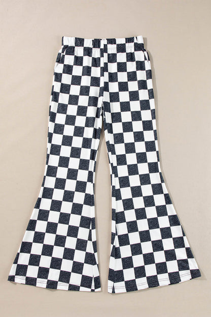 Black checkerboard high-rise casual flared pants by Carmine Juneberry, showcasing the stylish pattern and relaxed fit.