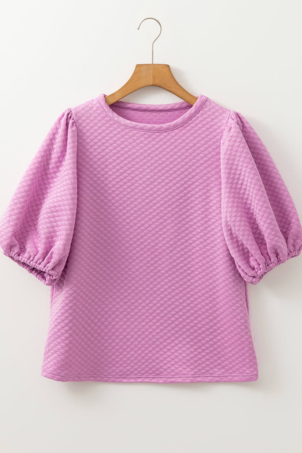Carmine Juneberry Phalaenopsis textured O-neck puff sleeve blouse, stylish tops and blouses with a textured fabric and elegant design.