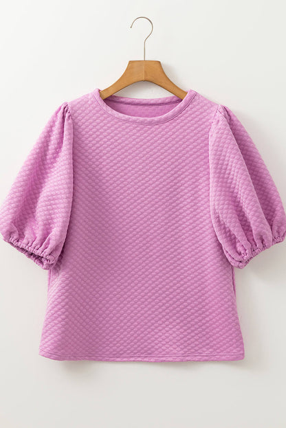 Carmine Juneberry Phalaenopsis textured O-neck puff sleeve blouse, stylish tops and blouses with a textured fabric and elegant design.