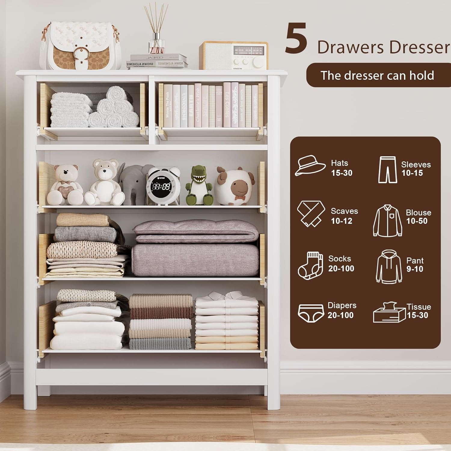 White Peach Maple five-drawer bedroom dresser with sleek design and ample storage space.