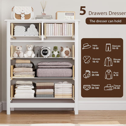 White Peach Maple five-drawer bedroom dresser with sleek design and ample storage space.