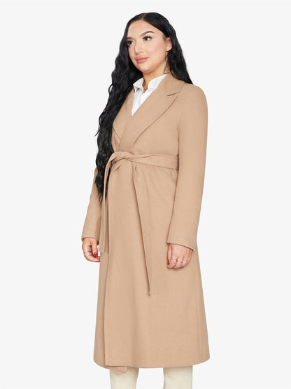 Rose Eleusis belted longline duster coat for women, stylish jacket with a flowing silhouette and belt detail, perfect for layered looks.