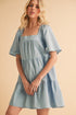 Automotive image of a Jade Icarus Aemi + Co Square Neck Half Sleeve Tiered Dress with layered fabric and tiered design.