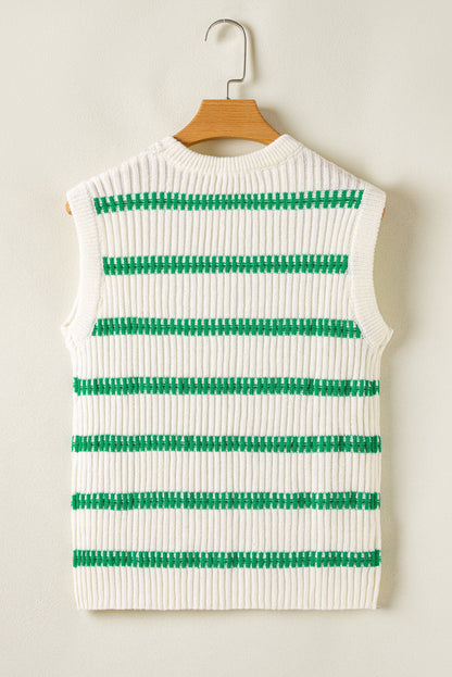 Bright green striped round neck casual sweater vest by Carmine Juneberry, featuring a cozy fit and vibrant pattern for everyday wear.