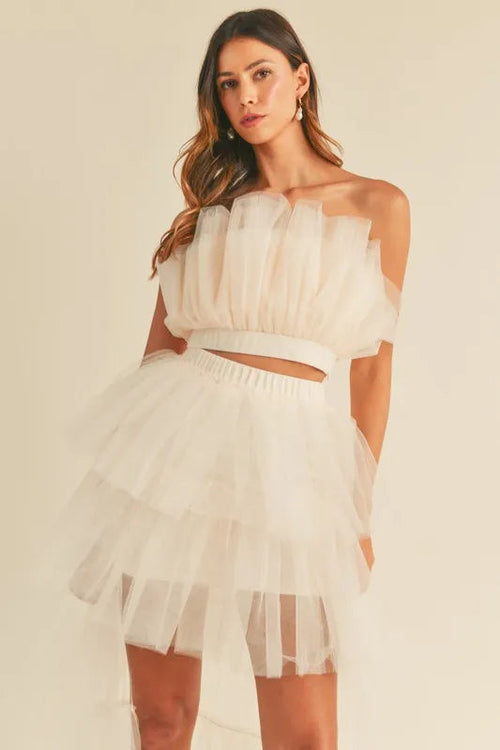 Pear Daisy tulle tube ruffle crop top and high-low maxi skirt set, perfect for stylish home or garden occasions.