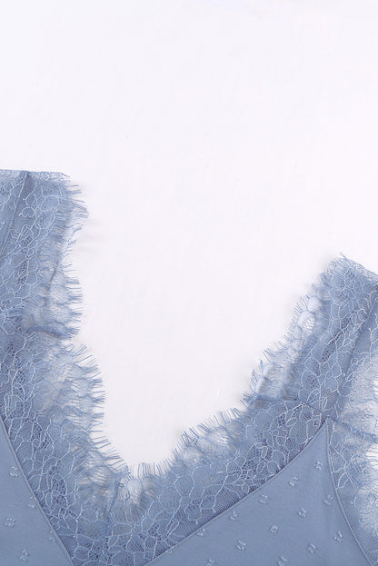 Sky blue eyelash V-neck cami tank top for women by Lavender Pallas, featuring delicate eyelash trim and a relaxed fit.