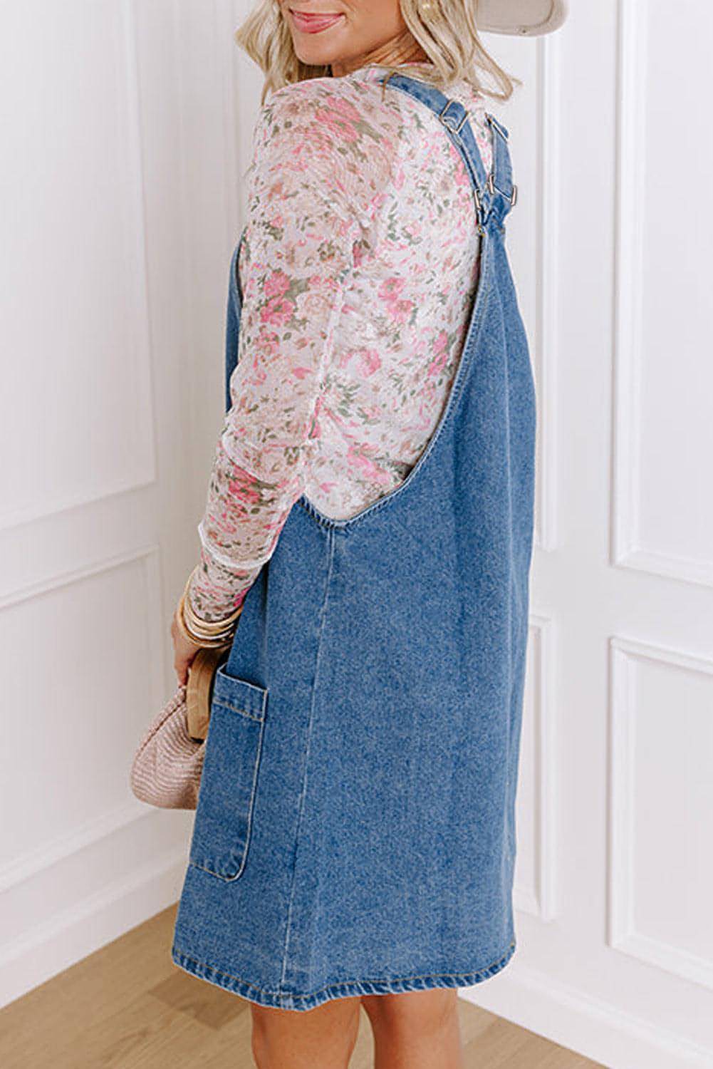 Dusk blue wide strap denim mini dress with button front and front pocket, by Carmine Juneberry, sleeveless and casual style.