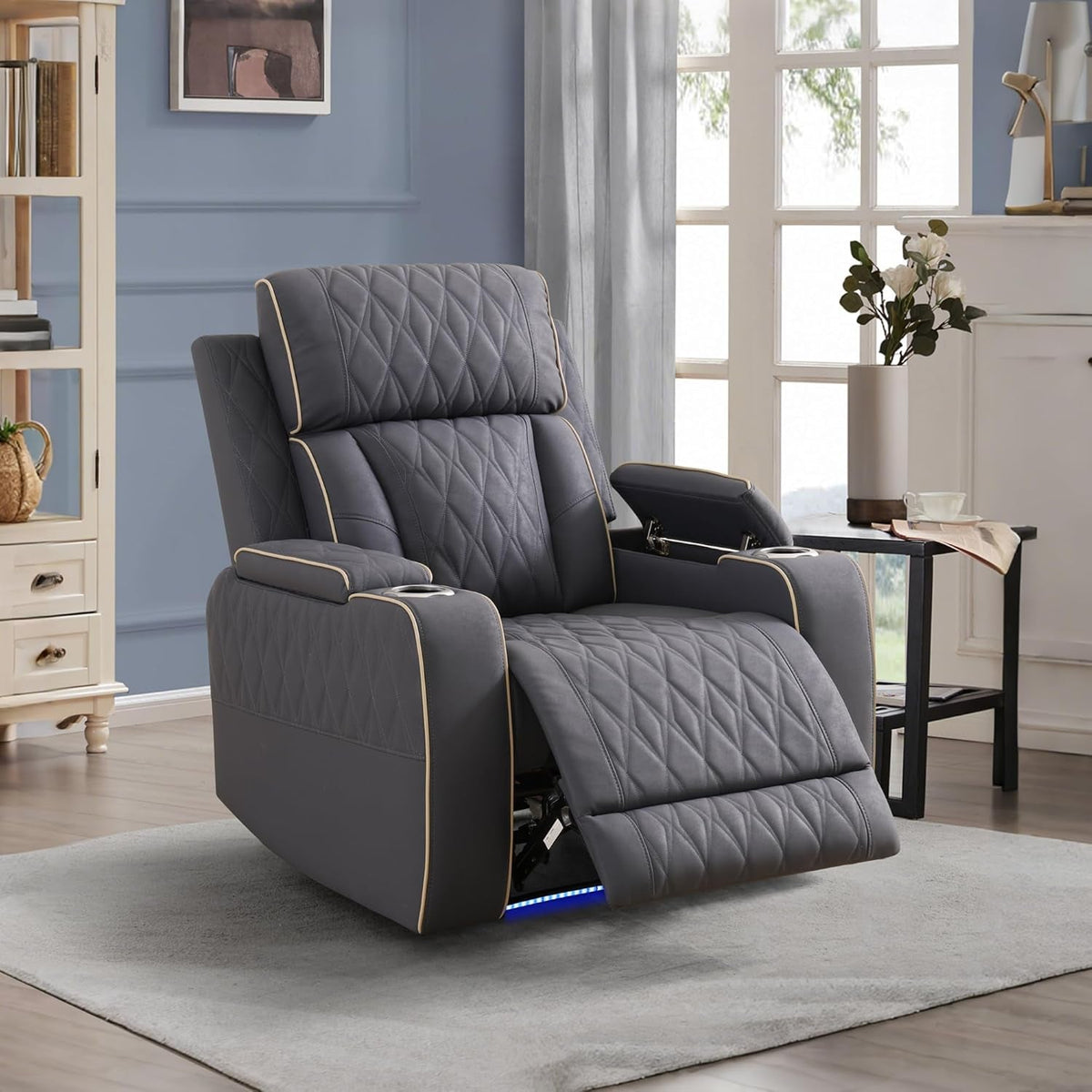 Premium Full-Grain Leather Power Recliner Sofa Blue-Gray