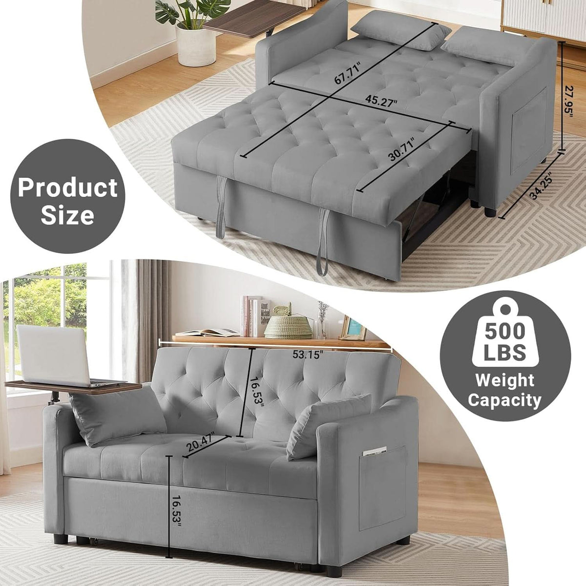 Grey Adjustable Backrest Convertible Sleeper Sofa Bed