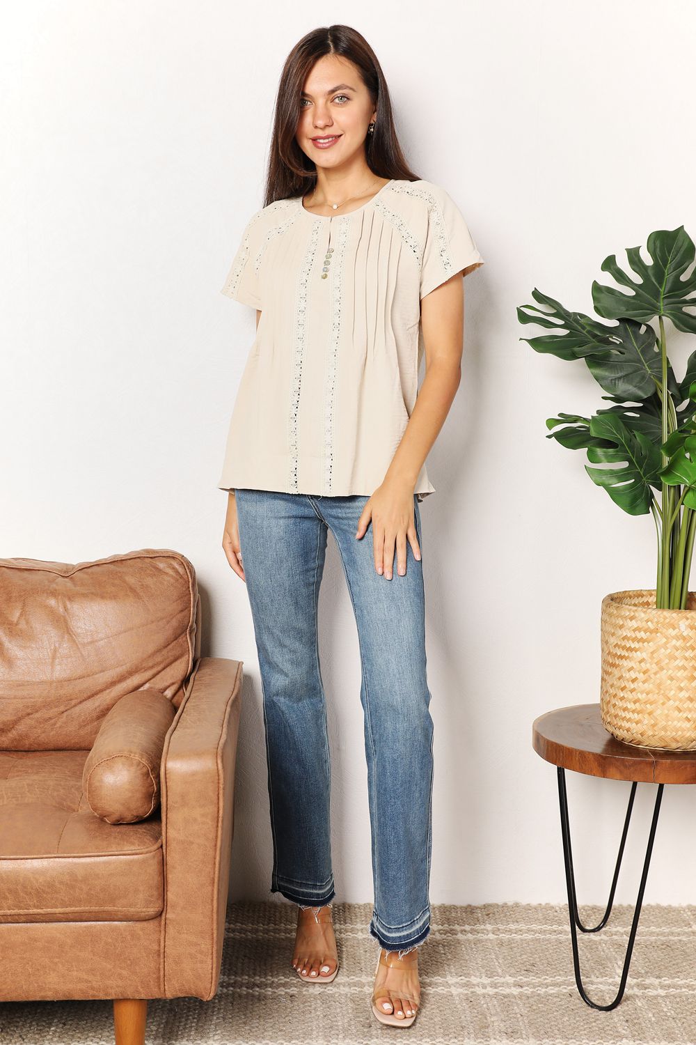 Pear Daisy crochet buttoned short sleeves top, perfect for home and garden, featuring a stylish double take design and lightweight fabric.