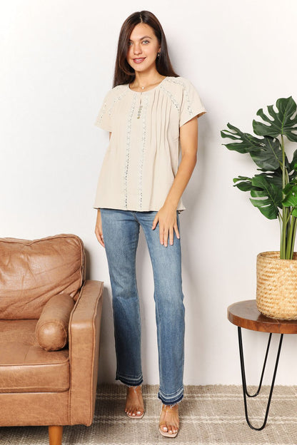 Pear Daisy crochet buttoned short sleeves top, perfect for home and garden, featuring a stylish double take design and lightweight fabric.
