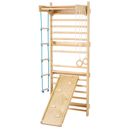 Pear Daisy Swedish Ladder Wall Gym, a 5-in-1 wooden indoor climbing toy for home play and exercise.