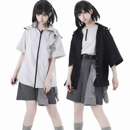 Start2Finish neutral hooded vest jacket and shorts set in apricot gray, casual summer short-sleeved outfit for daily wear.