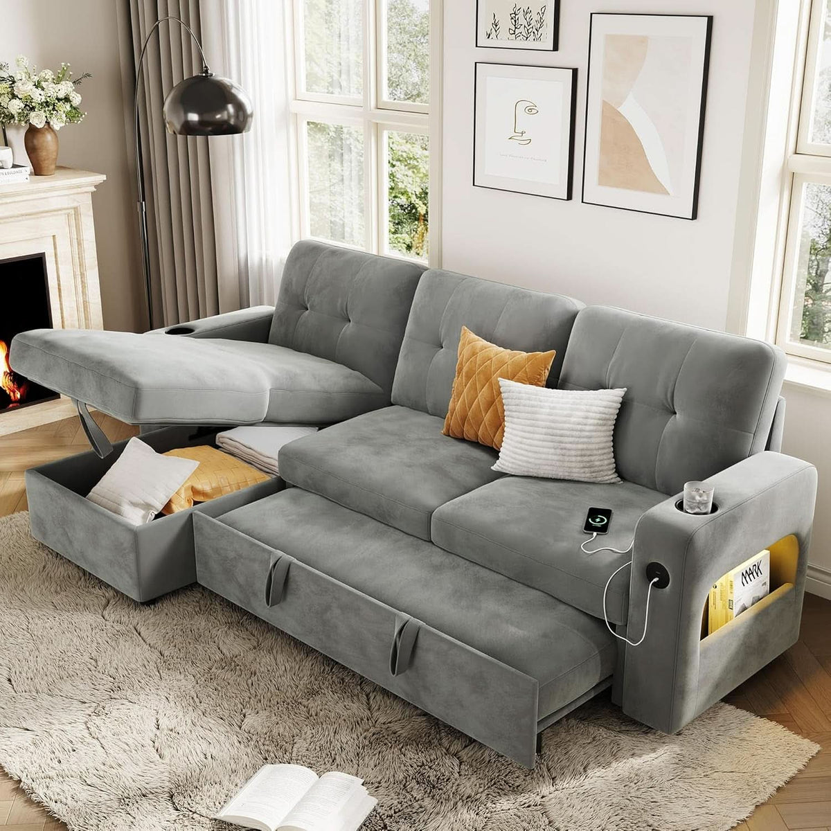 84Inch LShaped Sleeper Sofa Integrated Storage System