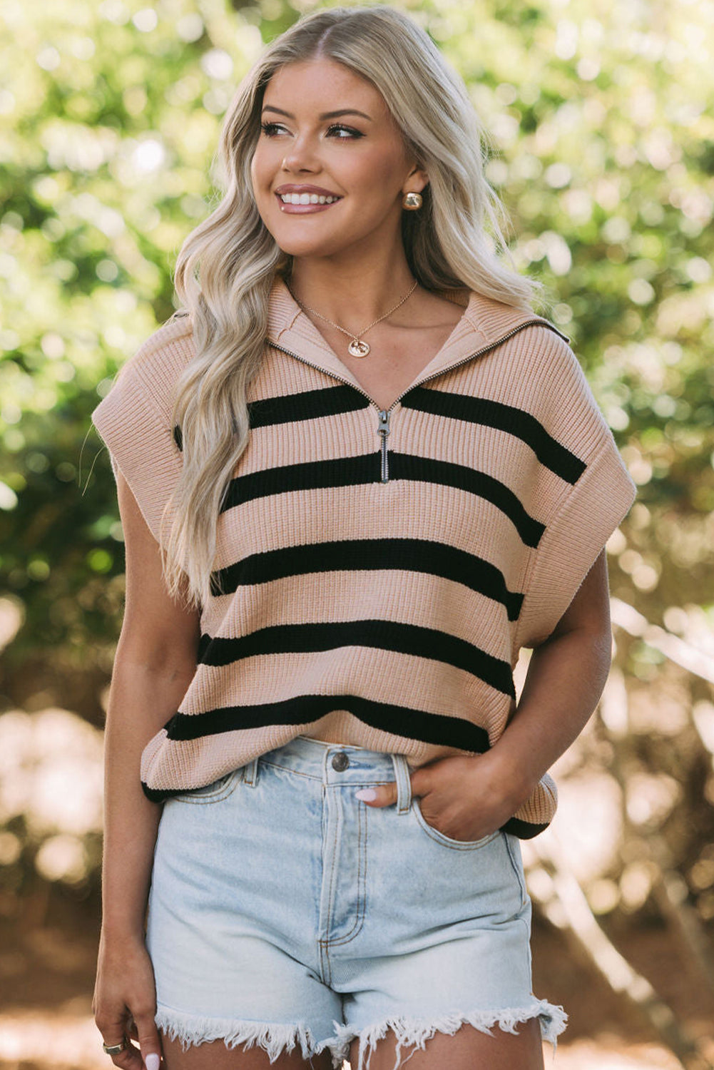 Khaki stripe zipped collar short sleeve sweater from Harlequin Daisy, casual bath and beauty wear with stylish design.