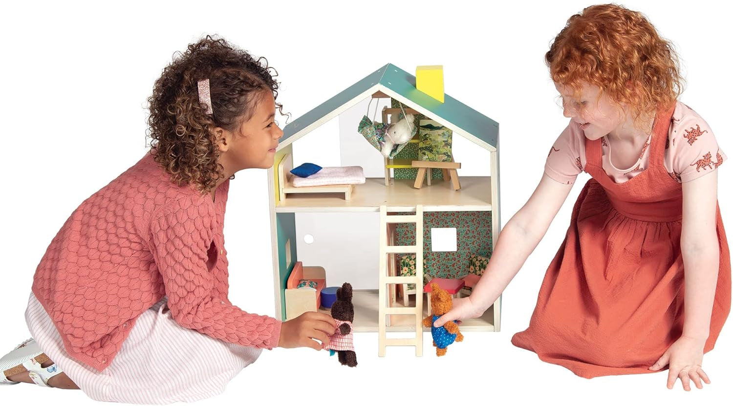 Wooden playhouse with loft for kids, Peach Maple furniture, featuring windows, door, and cozy indoor space for children aged 3 and up.