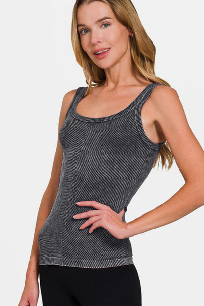 Automotive Jade Icarus Zenana Ribbed Scoop Neck Tank with sleek ribbed fabric and scoop neckline, designed for style and comfort.