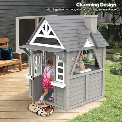 Gray Weatherproof Outdoor Wooden Playhouse With Sink