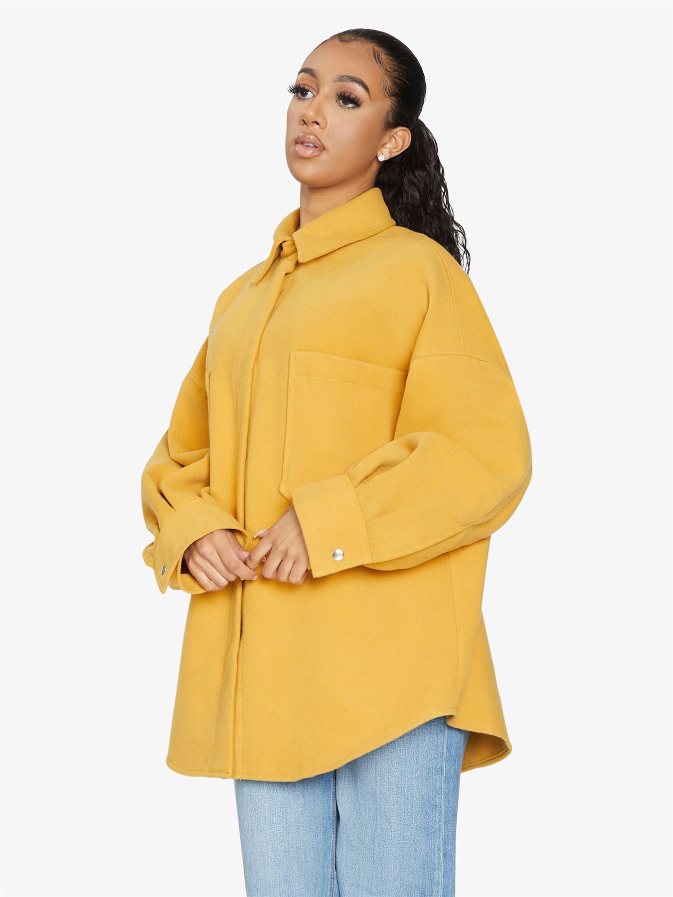 Rose Eleusis oversized patch pocket shacket with button-front, relaxed fit, and casual style, shown in a neutral fabric.