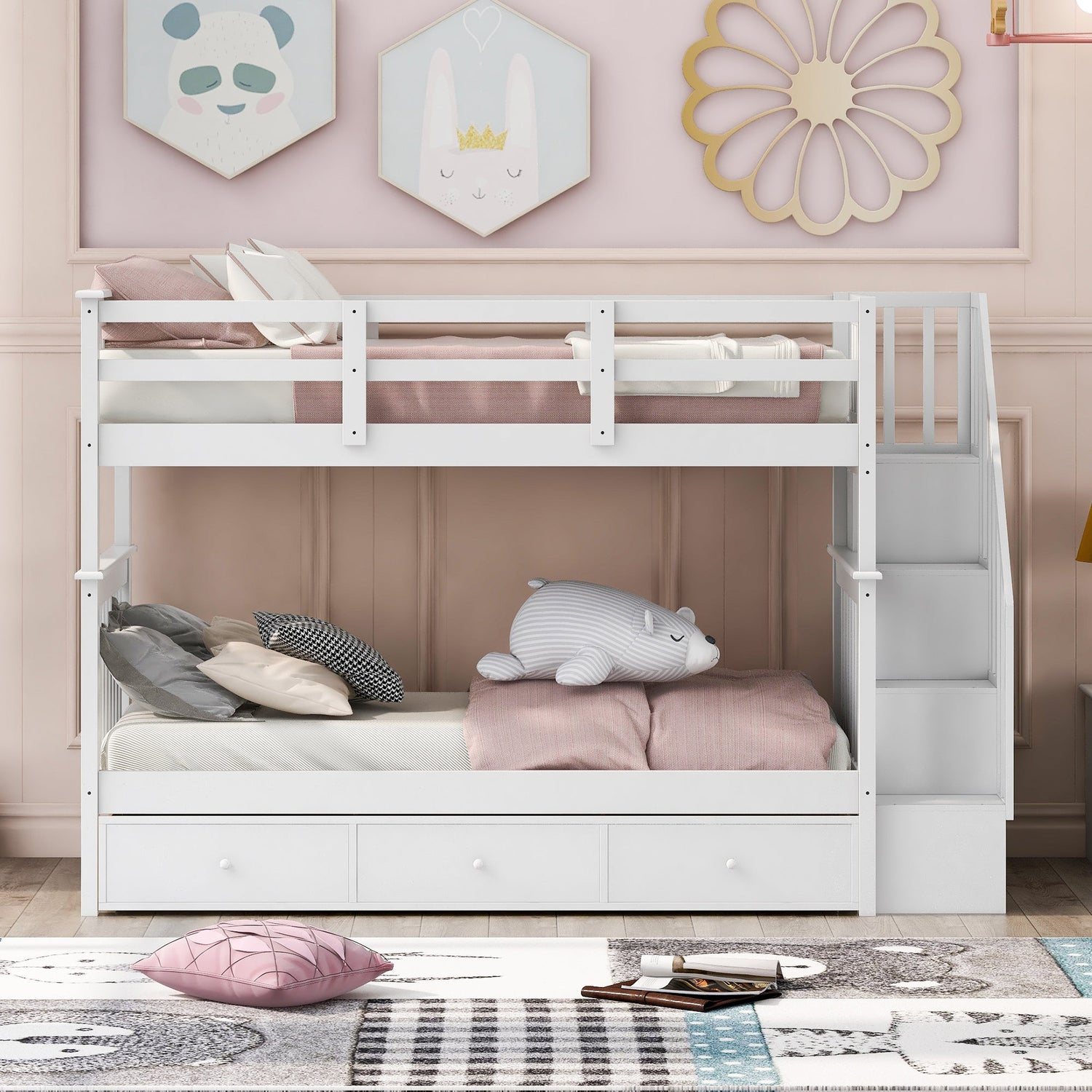 Sangria Beech twin-over-twin bunk bed with three built-in drawers, sturdy wooden furniture for bedroom or dorm room.