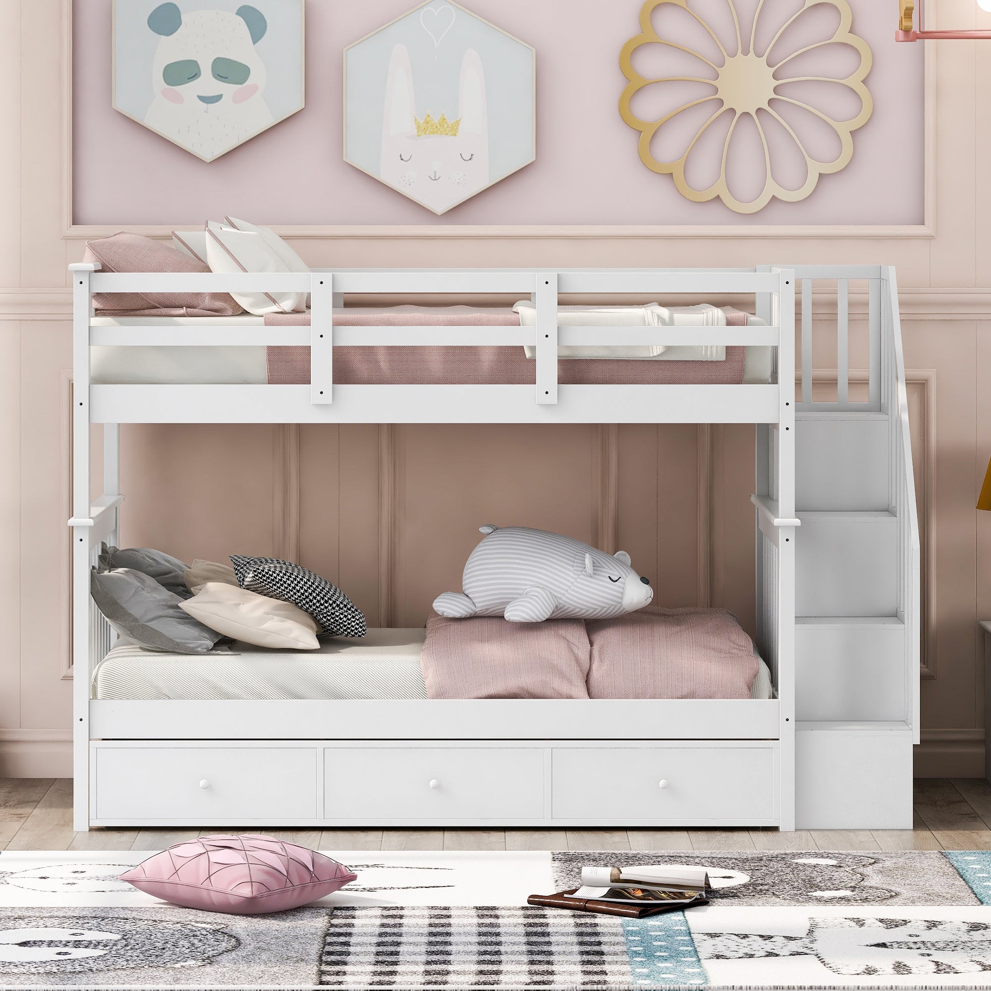 Sangria Beech twin-over-twin bunk bed with three built-in drawers, sturdy wooden furniture for bedroom or dorm room.