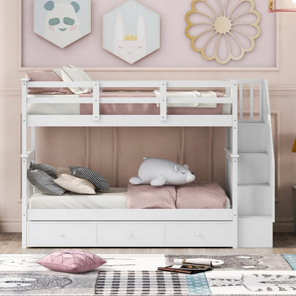 Sangria Beech twin-over-twin bunk bed with three built-in drawers, sturdy wooden furniture for bedroom or dorm room.