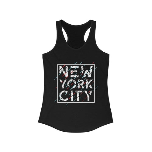 Plum Charlie New York City racerback tank top featuring a city skyline graphic on soft fabric.