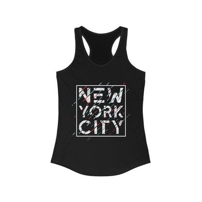 Plum Charlie New York City racerback tank top featuring a city skyline graphic on soft fabric.