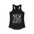 Plum Charlie New York City racerback tank top featuring a city skyline graphic on soft fabric.