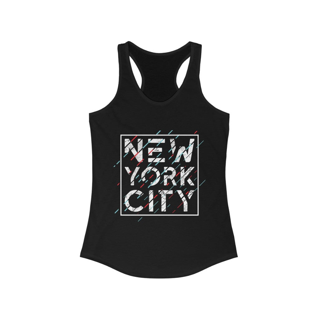 Plum Charlie New York City Racerback Tank Top featuring a cityscape design on a sleeveless casual top.