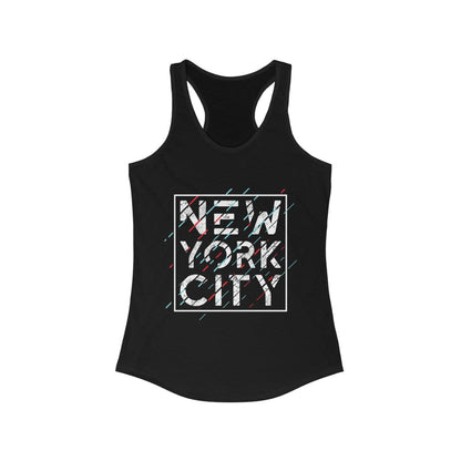 Plum Charlie New York City Racerback Tank Top featuring a cityscape design on a sleeveless casual top.