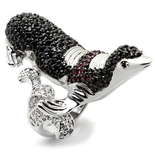 Turquoise Tiger 0W003 rhodium and ruthenium brass ring with multi-colored AAA grade CZ gemstones.