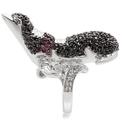 Turquoise Tiger 0W003 rhodium and ruthenium brass ring with multi-colored AAA grade CZ stones, showcasing intricate design.