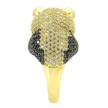 Turquoise Tiger gold and ruthenium brass ring with AAA grade jet CZ gemstone, elegant jewelry accessory with intricate design.