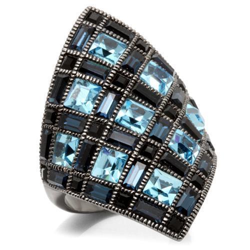 Turquoise Tiger 0W235 Ruthenium brass ring featuring a top-grade crystal and intricate band design.