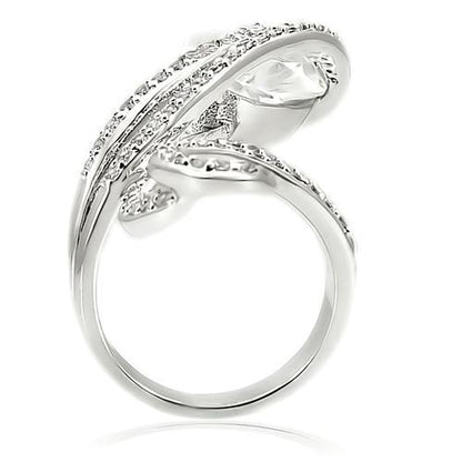 Rhodium brass ring by Turquoise Tiger with AAA grade clear CZ gemstone, featuring a polished band and intricate design.