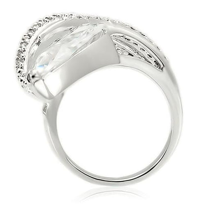 Rhodium brass ring with AAA grade clear CZ stone, elegant jewelry piece by Turquoise Tiger featuring a polished band.