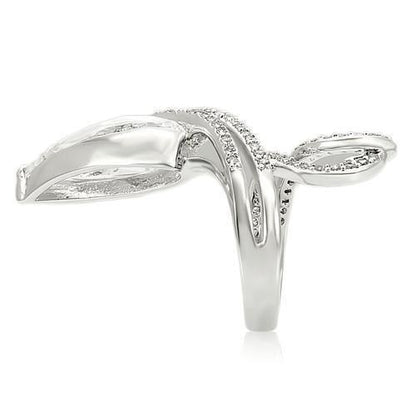 Rhodium brass ring with AAA grade clear CZ from Turquoise Tiger, featuring a sleek, polished design and intricate band details.