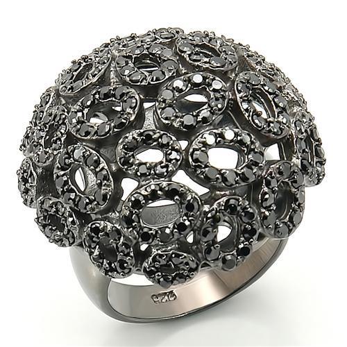 Turquoise Tiger ruthenium brass ring with AAA grade jet CZ gemstone, showcasing intricate design and polished finish.
