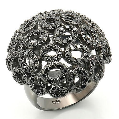 Turquoise Tiger ruthenium brass ring with AAA grade jet CZ gemstone, showcasing intricate design and polished finish.